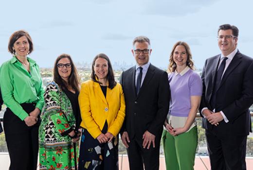 Executive leadership team (Left to Right): Rebecca Solomon, Lynley Dumble, Fiona Blair, Shane Marr, Georgie Hill,  Kevin Walsh (Chris Leivers absent)
